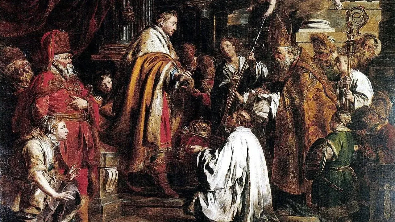 Pieter-Jozef Verhaghen festménye 1770-ből: István fogadja a koronával érkező pápai követet